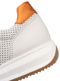 White sneaker heel with perforated side panel, brown leather heel tab, and thick white sole with brown tread.