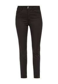 Pantalon en denim noir à coupe slim, avec une taille mi-haute, deux poches avant et une fermeture à bouton. Texture lisse, détails minimalistes.