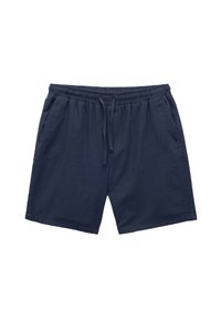 Pantalones cortos casuales azul marino con cintura elástica, cordón ajustable y bolsillos laterales, mostrados sobre un fondo blanco.