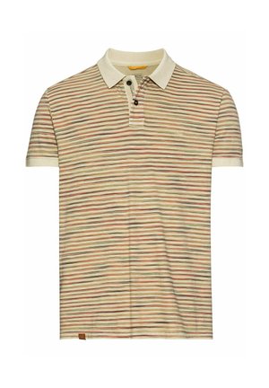 Beige short-sleeve polo shirt with thin horizontal stripes in muted orange, brown, and gray, featuring a beige collar and two buttons.