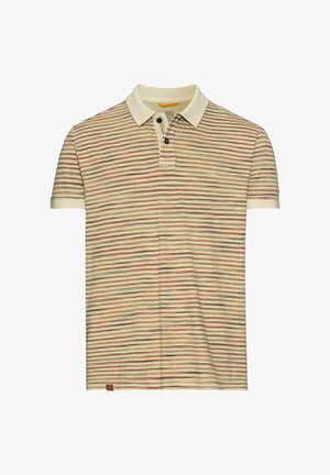 Beige short-sleeve polo shirt with thin horizontal stripes in muted orange, brown, and gray, featuring a beige collar and two buttons.