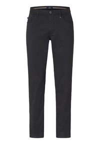 Schwarze Freizeit-Hosen aus Baumwollmischung, mit geradem Schnitt, fünf Taschen und einem Reißverschluss mit Knopfverschluss vorne. Glatte Textur.