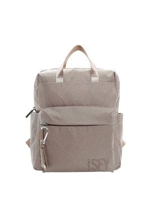 Beige textured backpack with dual top handles, front zip pocket, and adjustable straps. Crafted from durable fabric, featuring minimalist design.