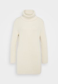 Cremefarbener Rollkragenpullover, gerippte Textur, lange Ärmel, tailliertes Design, das leicht über die Oberschenkel reicht.