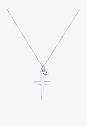 Strieborný prívesok v tvare kríža s hladkým povrchom, ktorý má na boku malý číry drahokam ako detail, a jemný reťaz.