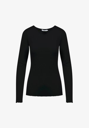 Melna, pieguloša garām piedurknēm sieviešu blūze ar apaļu kakla izgriezumu un nedaudz volāniem rotātām aprocēm.