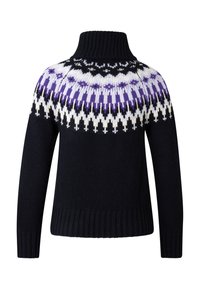 Black knitted sweater with a high neckline, featuring a geometric pattern in purple, white, and black across the shoulders.