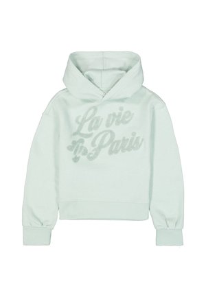 Lichtgroene capuchonsweat met lange mouwen en de tekst "La vie in Paris" in glinsterend lettertype op de voorkant.