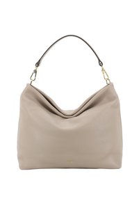Beige Ledertasche mit gebogenem Oberteil, Einzelhenkel und goldfarbenen Beschlägen. Verfügt über eine weiche Struktur und ein minimalistisches Design.
