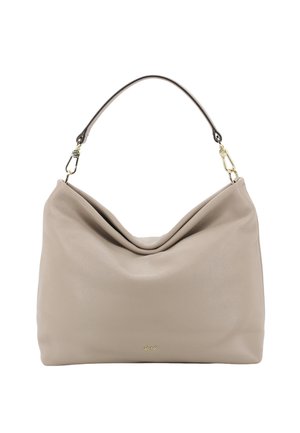 Beige leather handbag with a curved top, single handle, and gold-tone hardware. Features a soft texture and a minimalist design.