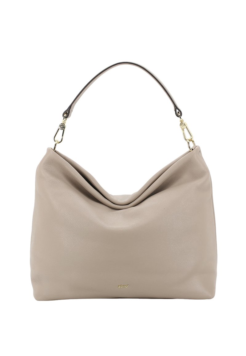 Beige Ledertasche mit gebogenem Oberteil, Einzelhenkel und goldfarbenen Beschlägen. Verfügt über eine weiche Struktur und ein minimalistisches Design.
