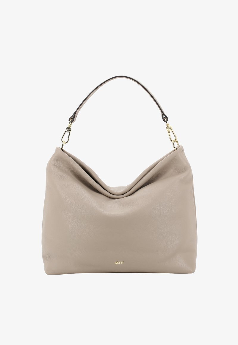 Beige Ledertasche mit gebogenem Oberteil, Einzelhenkel und goldfarbenen Beschlägen. Verfügt über eine weiche Struktur und ein minimalistisches Design.