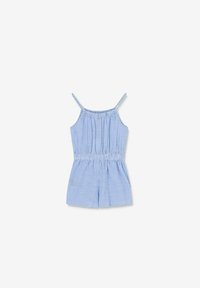 Combinaison rayée bleue et blanche avec des bretelles spaghetti, taille élastique et jambes courtes. En coton, avec une coupe décontractée.