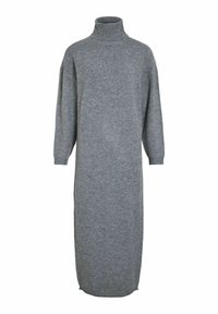 Abito grigio a maglia con collo alto, maniche lunghe e una silhouette rilassata. Texture liscia con spacchi laterali vicino all'orlo.