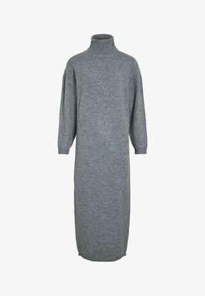 Szara dzianinowa sukienka z wysokim kołnierzem, długimi rękawami i luźnym krojem. Gładka struktura z rozporkami po bokach w okolicy dołu.