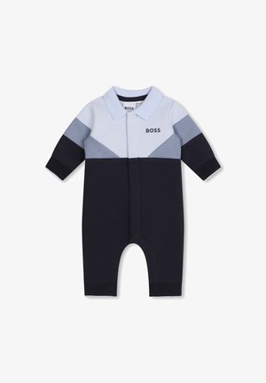 Rompers per neonati a righe blu navy e azzurro con colletto polo, chiusura a scatto e logo 'BOSS' sul petto. Materiale in cotone, maniche lunghe.