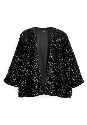 Veste noire à ouverture frontale couverte de sequins noirs brillants, manches trois-quarts et doublure intérieure lisse.