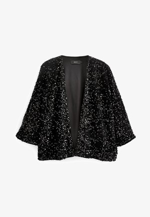 Chaqueta negra abierta por delante cubierta de lentejuelas negras brillantes con mangas de largo tres cuartos y un forro interior suave.