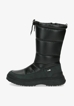 Černé zimní boty s polstrovaným svrškem, vybavené stahovací šňůrkou na vrcholu, strukturovanou gumovou podrážkou a hladkým koženým povrchem.