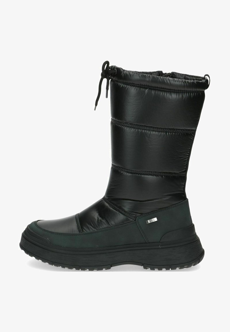 Czarne zimowe botki z wyściełanym wierzchem, z dociąganą zapięciem u góry, teksturowaną gumową podeszwą oraz gładkim skórzanym wykończeniem.