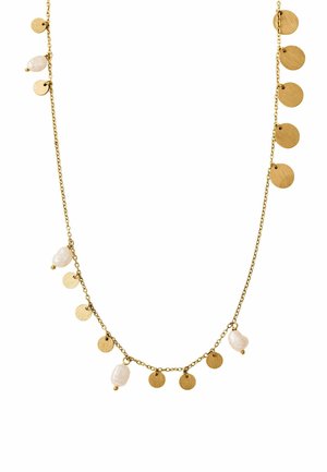 Collar delicado de cadena de oro con colgantes de oro pequeños y redondos alternados y perlas blancas irregulares, distribuidos uniformemente a lo largo de toda su extensión.