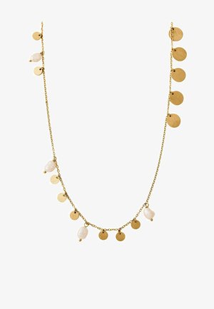 Collar delicado de cadena de oro con colgantes de oro pequeños y redondos alternados y perlas blancas irregulares, distribuidos uniformemente a lo largo de toda su extensión.