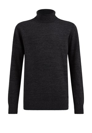 Mørkegrå strikket rullekravesweater med lange ærmer og ribstrikkede manchetter og kant.