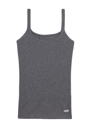Grijze mouwloze tanktop van zacht materiaal met een ronde halslijn en dunne bandjes. Bevat een klein logo etiket op de onderste zoom.