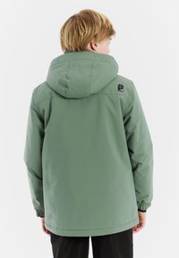 Grüne wasserdichte Jacke mit Kapuze, sichtbaren elastischen Bündchen und einem Logo auf der oberen linken Seite. Einfaches Design mit glatter Textur.