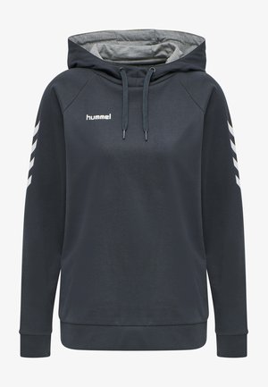 Donkerblauwe hoodie met een grijze binnenkant, verstelbare trekkoord en wit Hummel-logo. Beschikt over diagonale witte strepen op beide mouwen.
