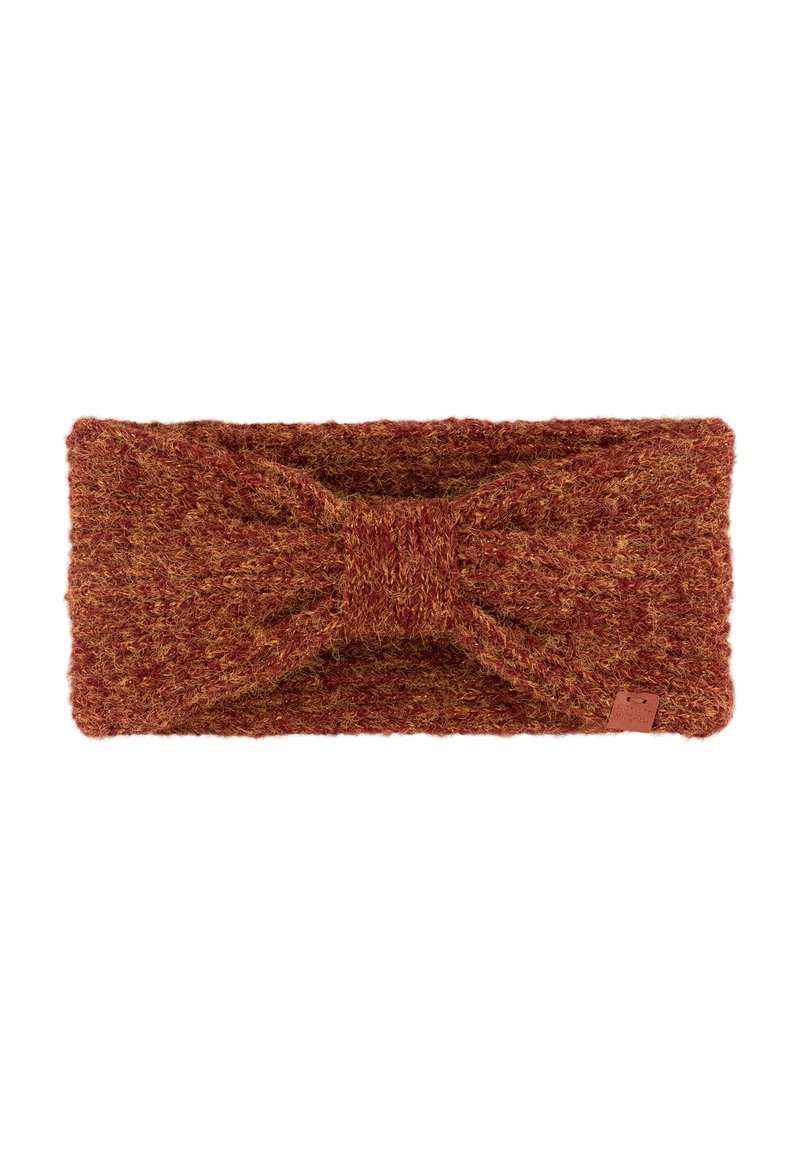 Gebreide haarband in warme rood- en bruintinten, met een centraal knoopontwerp en een gestructureerde afwerking. Inclusief een klein merklabel.