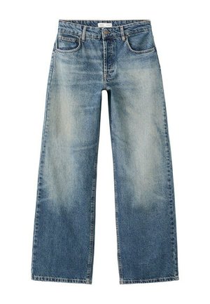 Niebieskie dżinsy o szerokich nogawkach z wyblakłym efektem, zapięciem na guziki i zamek z przodu, szlufkami na pasek oraz pięcioma kieszeniami.