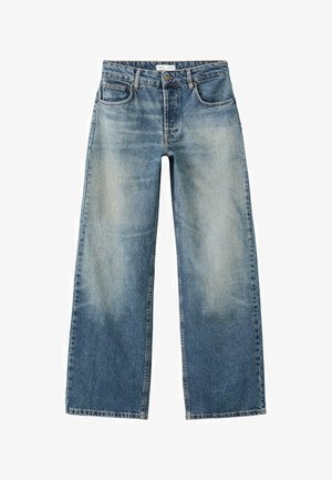 Niebieskie dżinsy o szerokich nogawkach z wyblakłym efektem, zapięciem na guziki i zamek z przodu, szlufkami na pasek oraz pięcioma kieszeniami.