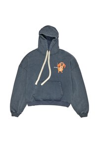 Bluza z kapturem z wyblakłej niebieskiej bawełny z kieszenią kangurką, kremowymi sznureczkami oraz nadrukiem kreskówkowego psa na lewej piersi.