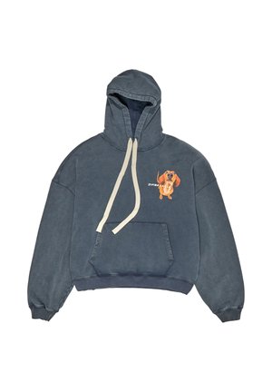 Sudadera con capucha en algodón azul desteñido con bolsillo tipo canguro, cordones crema y un perro de dibujos animados estampado en el pecho izquierdo.