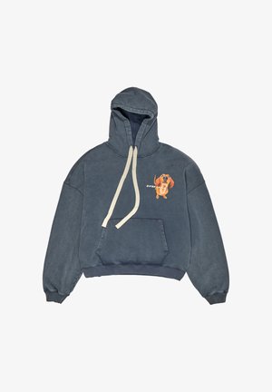 Sudadera con capucha en algodón azul desteñido con bolsillo tipo canguro, cordones crema y un perro de dibujos animados estampado en el pecho izquierdo.