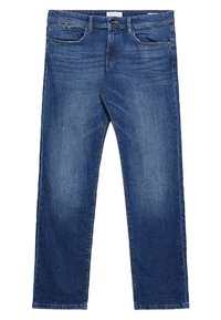 Mörkblå denimjeans med rak passform, fem fickor och subtila blekta områden. Tyget har en slät yta och en klassisk design.