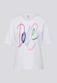 White t-shirt with short sleeves featuring a multicolored embroidered design spelling "DOLCE" in pink, green, blue, and navy. Classic fit.