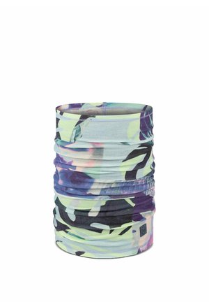 Multicolored multifunctional fabric neck gaiter with abstract pastel and dark floral pattern, stitched seams, and small logo tag.