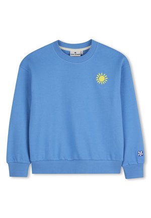 Modrá dětská mikina s malým žlutým slunečním motivem na hrudi a bílým a fialovým logem na levém manžetu.