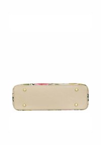 Blumenmuster-Handtasche mit einem Beigen Lederboden. Mit vier goldenen Nieten zur Unterstützung. Rechteckige Form mit glatter Textur.