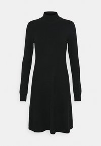 Svart stickad klänning med hög urringning, långa ärmar och A-linjeformad silhuett, med ribbade mudd och slät textur.