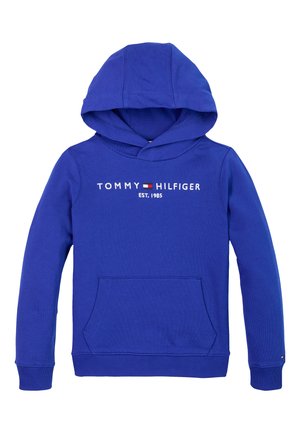 Blue hoodie with front pocket, long sleeves, and "Tommy Hilfiger EST. 1985" logo embroidered on the chest.
