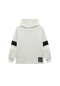 Lichtgrijze hoodie met zwart-witte gestreepte accenten. Ribbelstructuur en applicélabel aan de onderzijde. Ontspannen pasvorm.