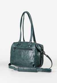 Teal leren handtas met een gladde textuur, dubbele handvatten, een afneembare schouderband en een ritssluiting aan de voorkant.