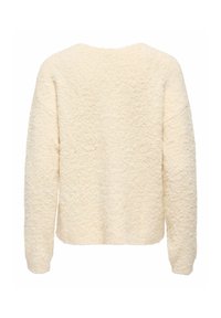 Cremfarbener Pullover aus strukturiertem Material. Kurze, weite Passform mit langen Ärmeln und einem runden Ausschnitt, ohne sichtbare Hardware oder Akzente.