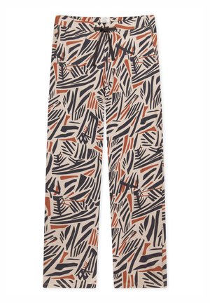 Patroon wijde pijpen broek in crème met abstracte vormen in marineblauw en roestkleur. Elastische tailleband met trekkoord en zijzakken. Katoenmix materiaal.