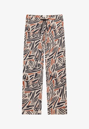 Pantalon large à motifs en crème avec des formes abstraites en bleu marine et rouille. Taille avec cordon de serrage et poches latérales. Matière en mélange de coton.