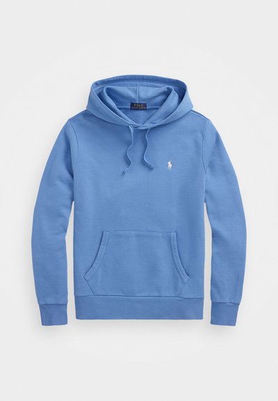 Blaues Hoodie aus weichem Baumwoll-Mix, mit einer vorderen Kängurutasche, verstellbarem Kordelzug und kleinem Logo auf der Brust.