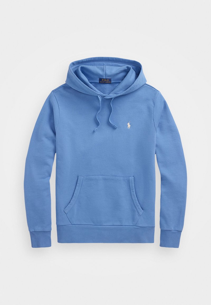 Hoodie bleu en mélange de coton doux, avec une poche avant, un cordon de serrage réglable et un petit logo sur la poitrine.